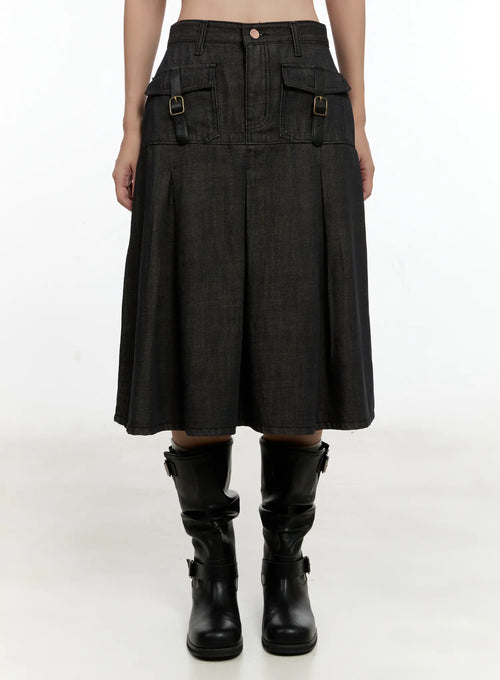 Buckle Pleated Denim Midi Skirt CL531