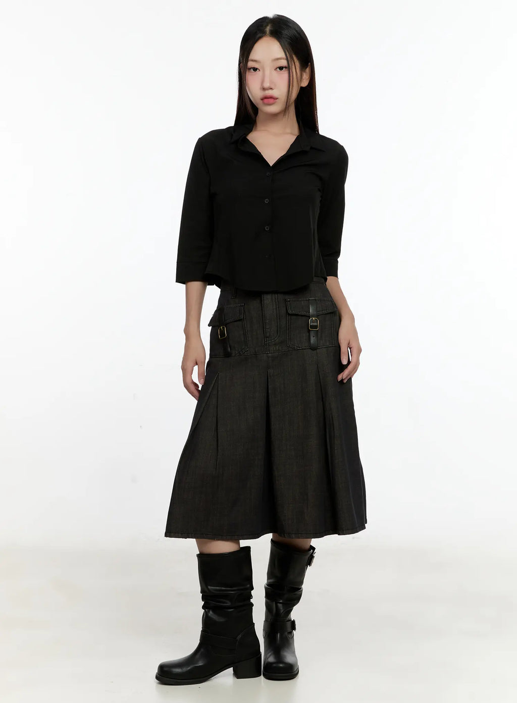 Buckle Pleated Denim Midi Skirt CL531