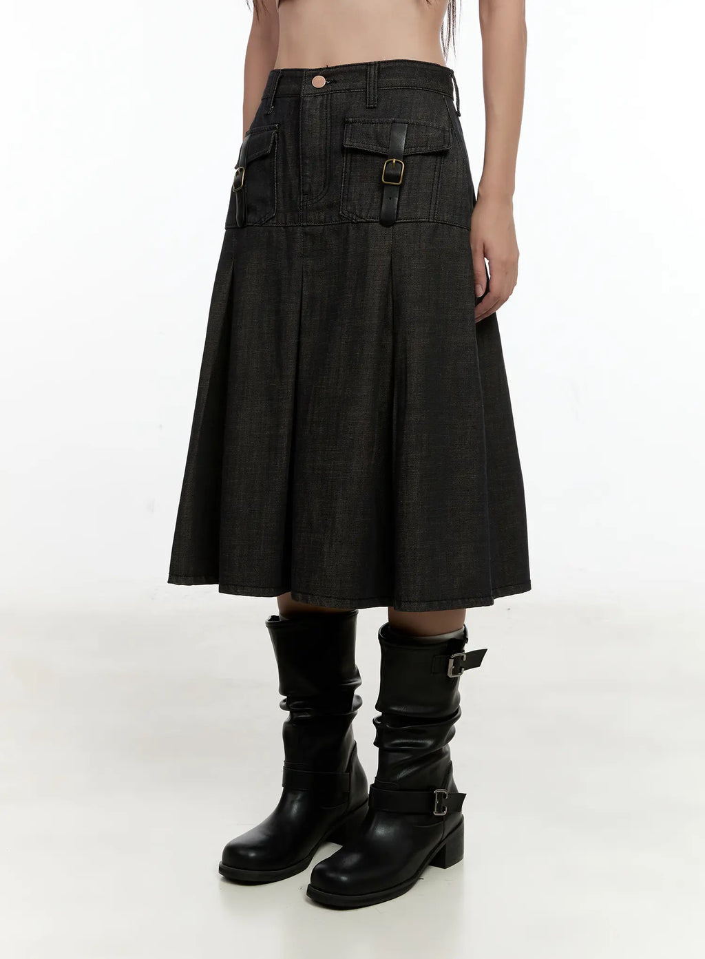 Buckle Pleated Denim Midi Skirt CL531